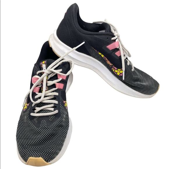 Nike Downshifter 9 Running Athletic Shoes Black Pink Yellow Floral Swoosh SZ 9 - Picture 1 of 11